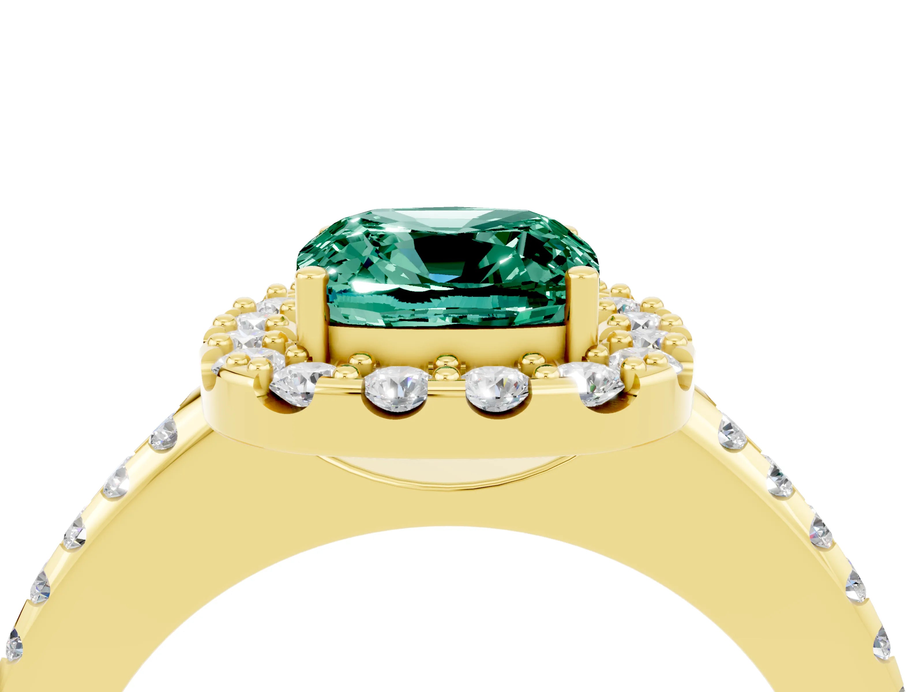Yellow gold Cushion Cut Green Sapphire Pavé Halo Ring with Four-Prong Setting_16