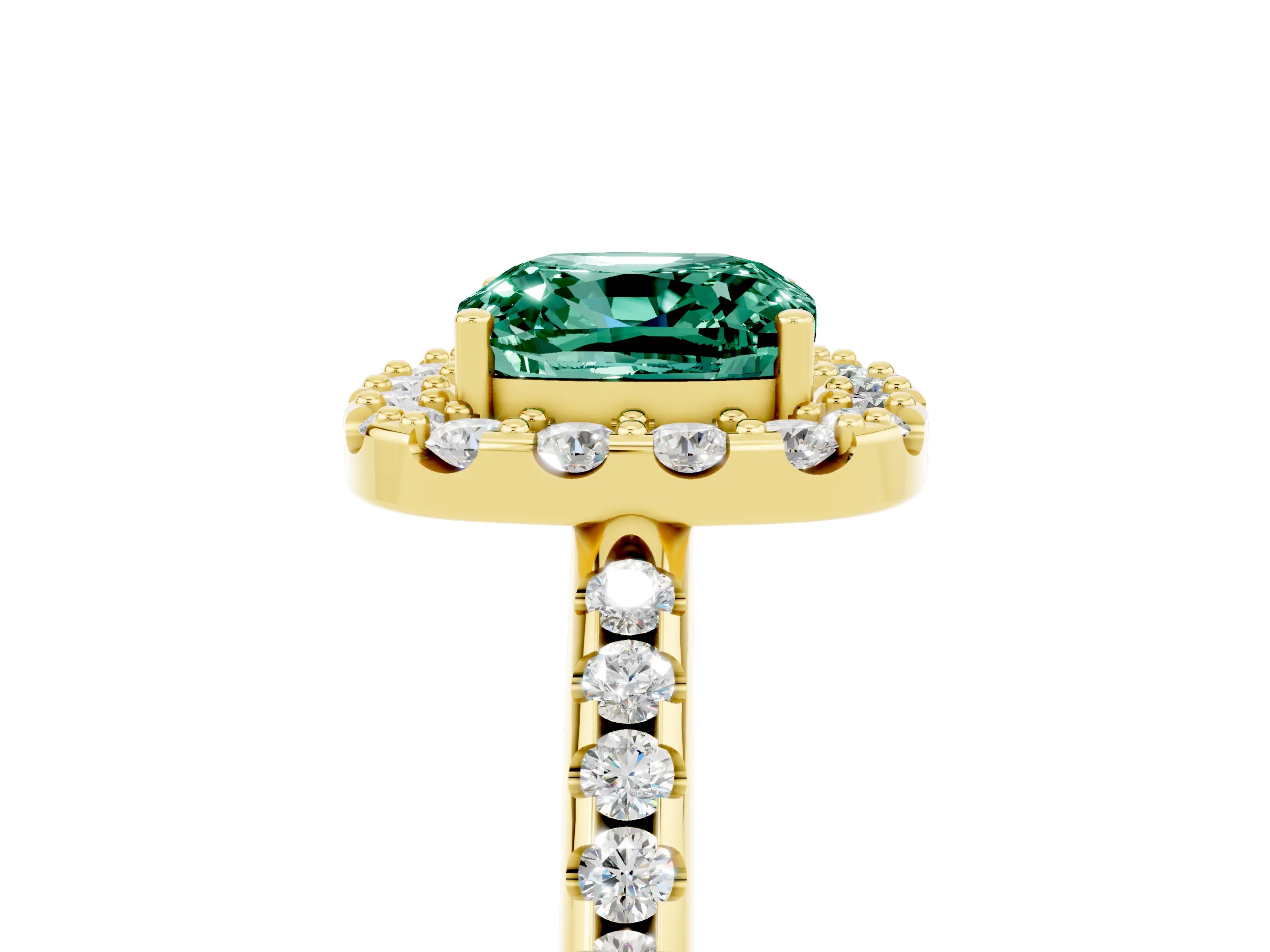 Yellow gold Cushion Cut Green Sapphire Pavé Halo Ring with Four-Prong Setting_17
