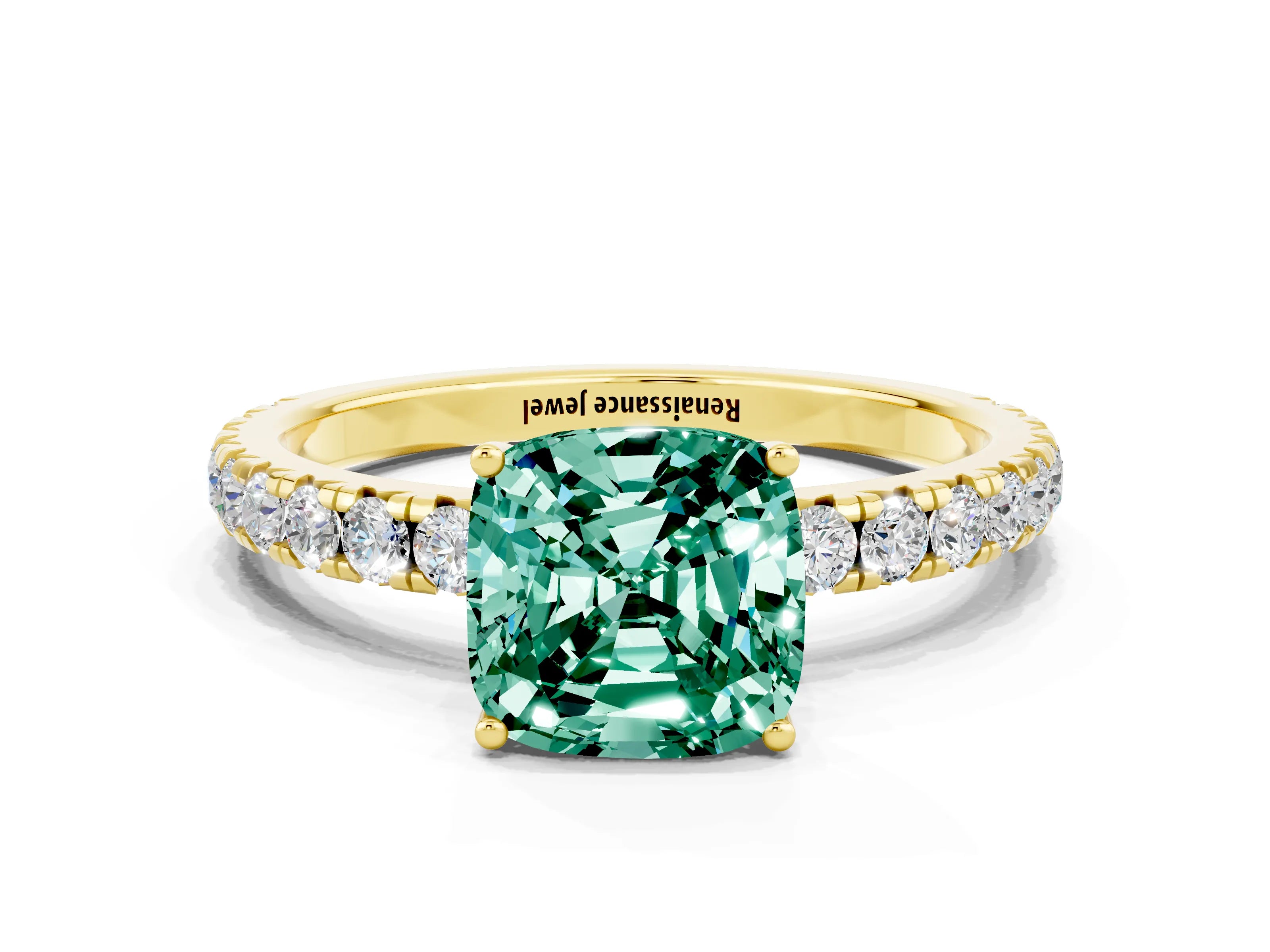 Yellow gold Cushion Cut Green Sapphire Pavé Solitaire Engagement Ring with Four-Prong Setting_12