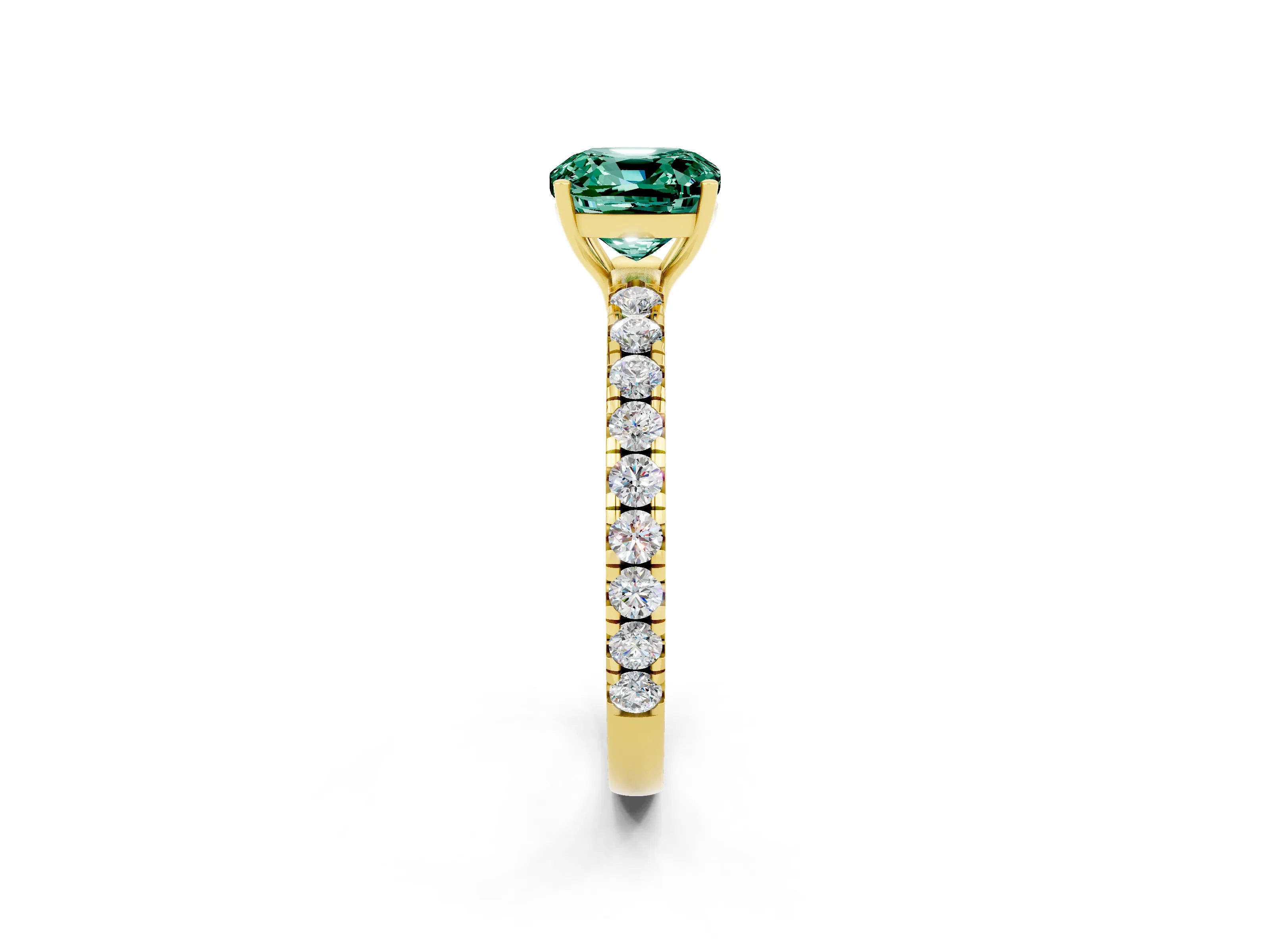 Yellow gold Cushion Cut Green Sapphire Pavé Solitaire Engagement Ring with Four-Prong Setting_14