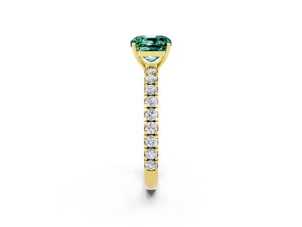 Yellow gold Cushion Cut Green Sapphire Pavé Solitaire Engagement Ring with Four-Prong Setting