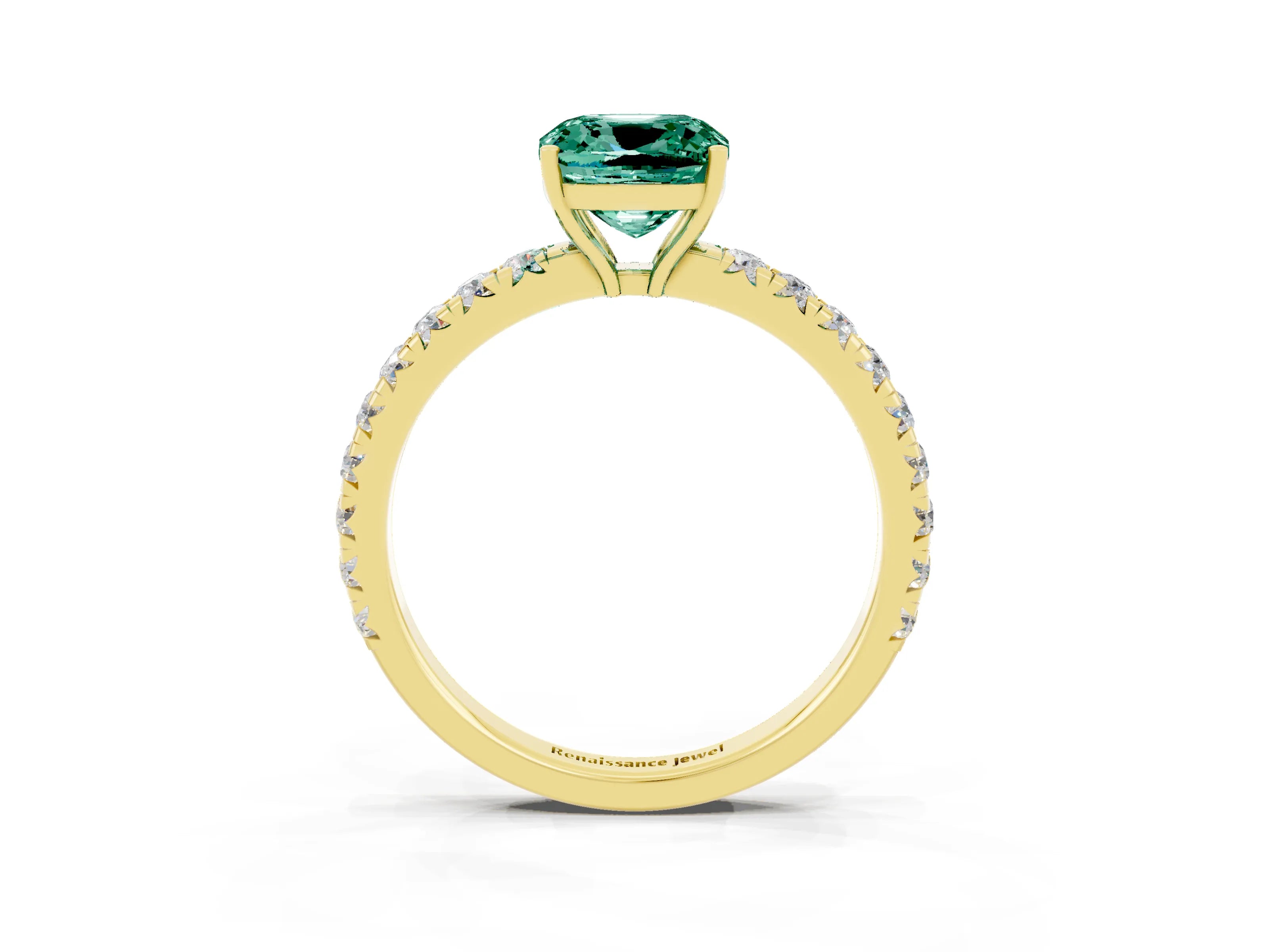 Yellow gold Cushion Cut Green Sapphire Pavé Solitaire Engagement Ring with Four-Prong Setting_15