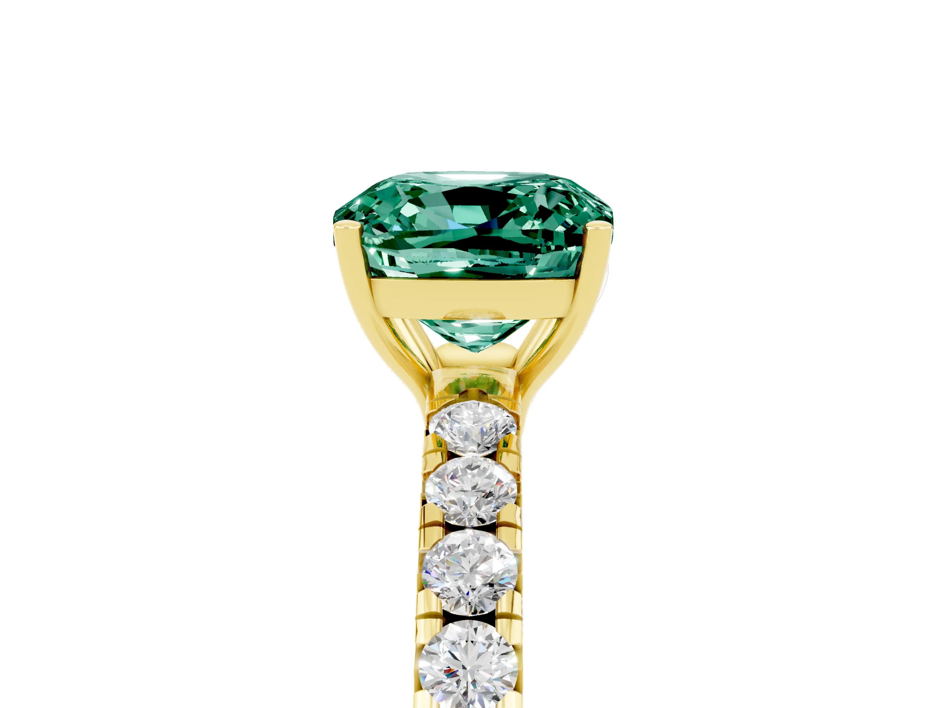 Yellow gold Cushion Cut Green Sapphire Pavé Solitaire Engagement Ring with Four-Prong Setting_17