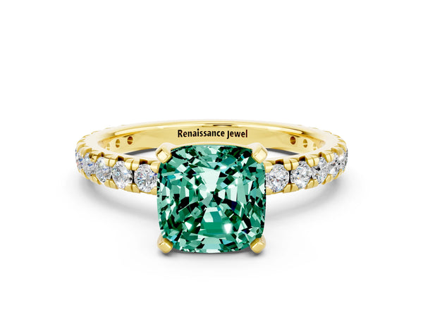 Yellow gold Cushion Cut Green Sapphire Pavé Solitaire Ring with Round Band and Prong Setting