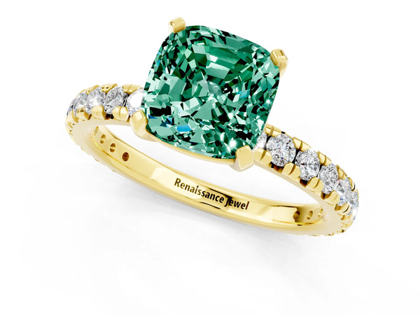 Yellow gold Cushion Cut Green Sapphire Pavé Solitaire Ring with Round Band and Prong Setting