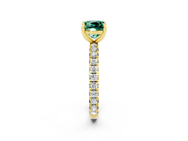 Yellow gold Cushion Cut Green Sapphire Pavé Solitaire Ring with Round Band and Prong Setting