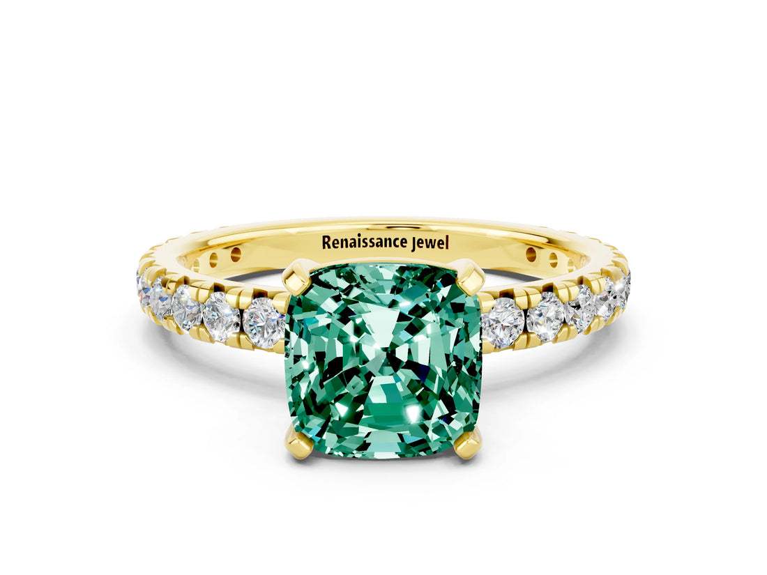Yellow gold Cushion Cut Green Sapphire Pavé Solitaire Ring with Round Band and Prong Setting_24