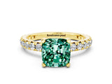 Yellow gold Cushion Cut Green Sapphire Pavé Solitaire Ring with Round Band and Prong Setting_24