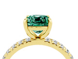 Yellow gold Cushion Cut Green Sapphire Pavé Solitaire Ring with Round Band and Prong Setting_28