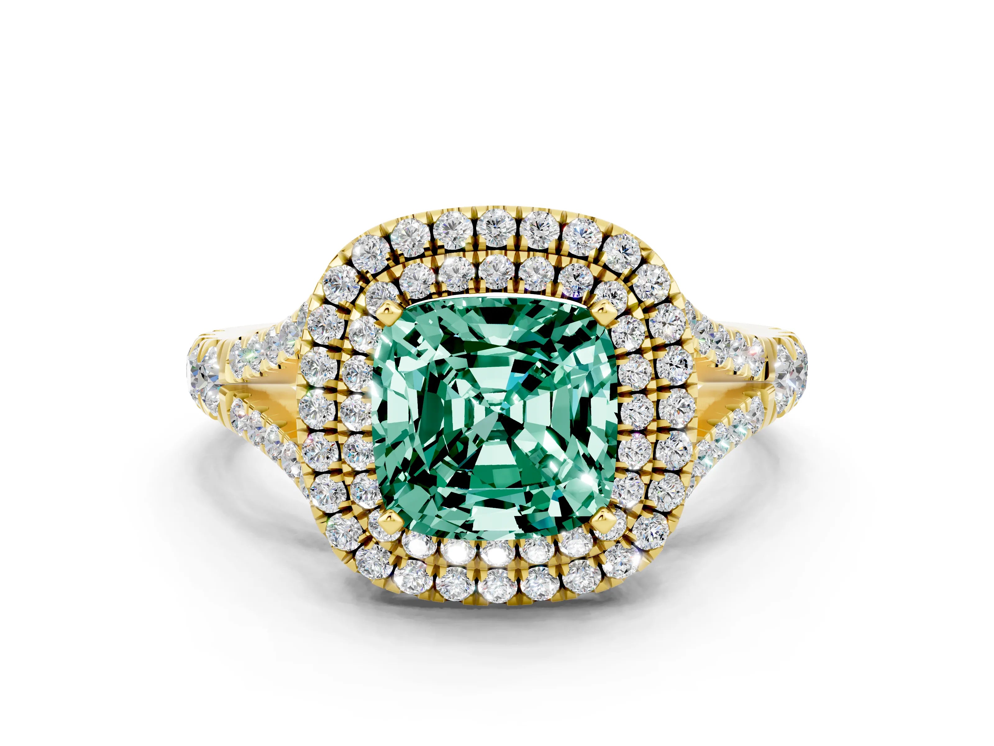 Yellow gold Cushion Cut Green Sapphire Pavé Split Shank Double Halo Engagement Ring