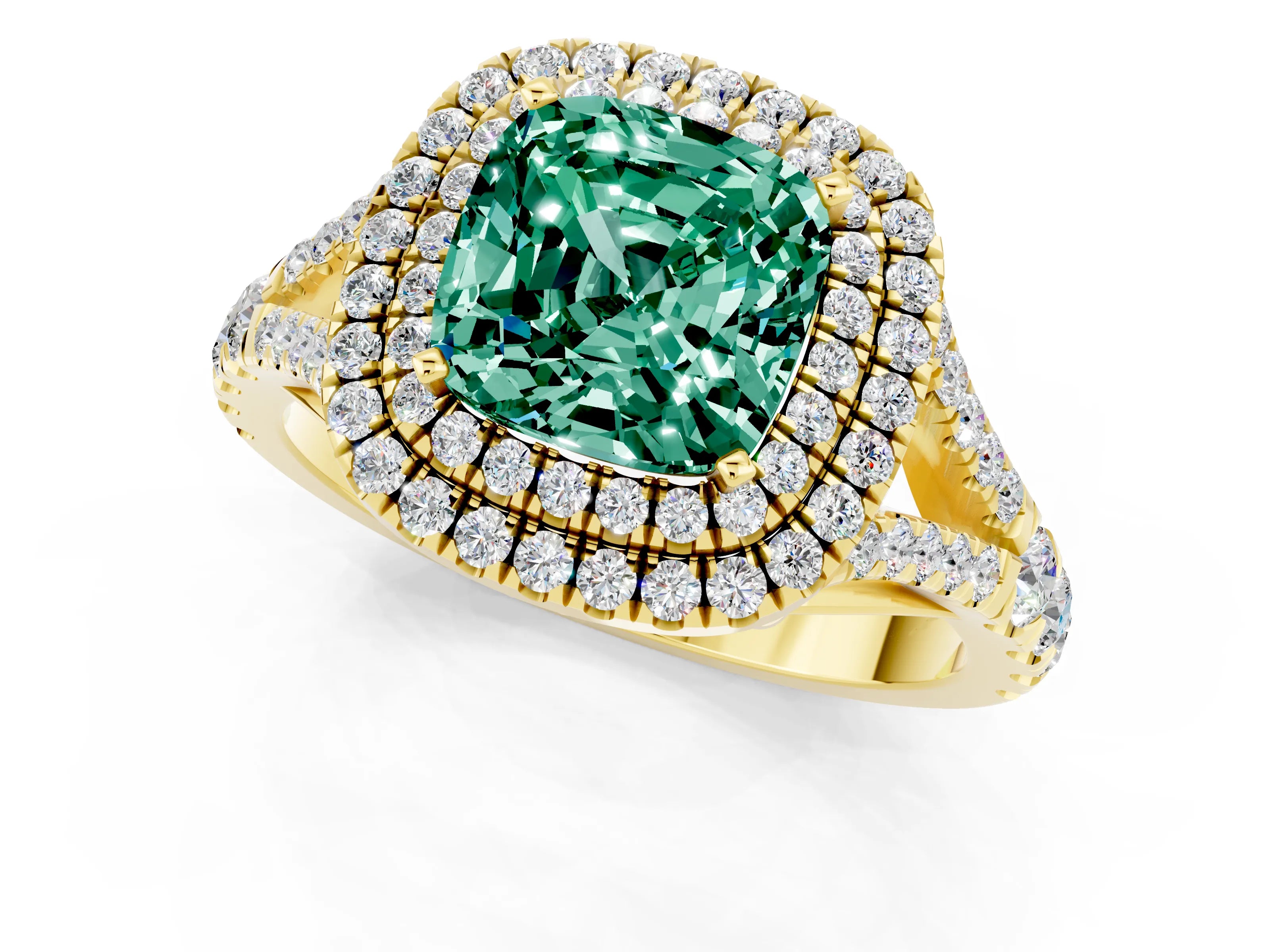 Yellow gold Cushion Cut Green Sapphire Pavé Split Shank Double Halo Engagement Ring_1