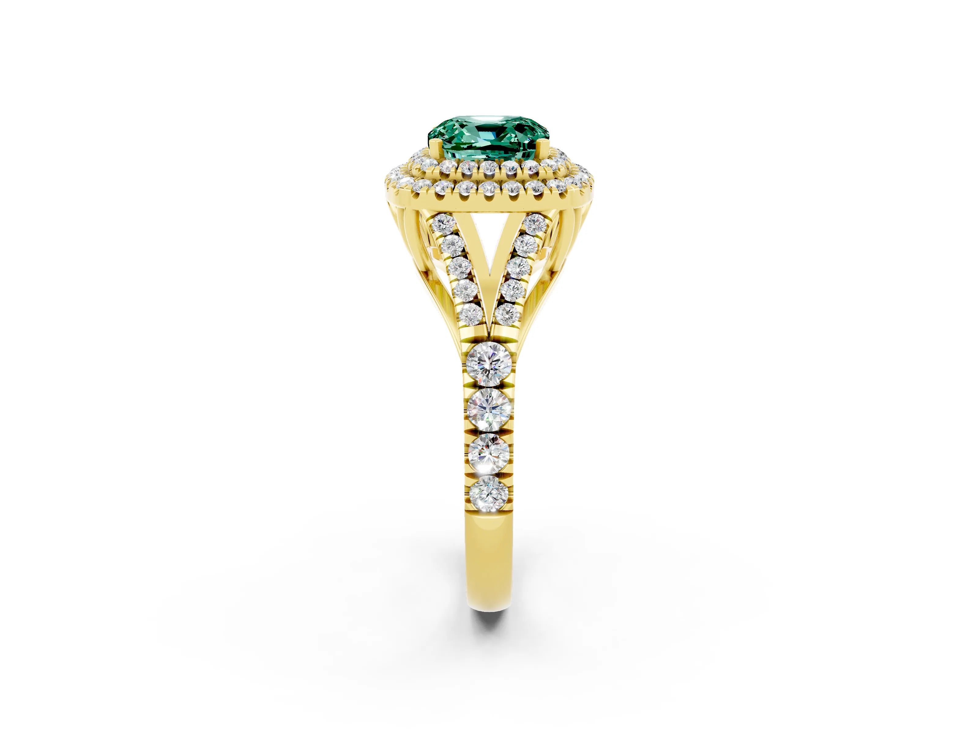 Yellow gold Cushion Cut Green Sapphire Pavé Split Shank Double Halo Engagement Ring_2