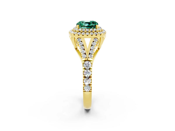 Yellow gold Cushion Cut Green Sapphire Pavé Split Shank Double Halo Engagement Ring