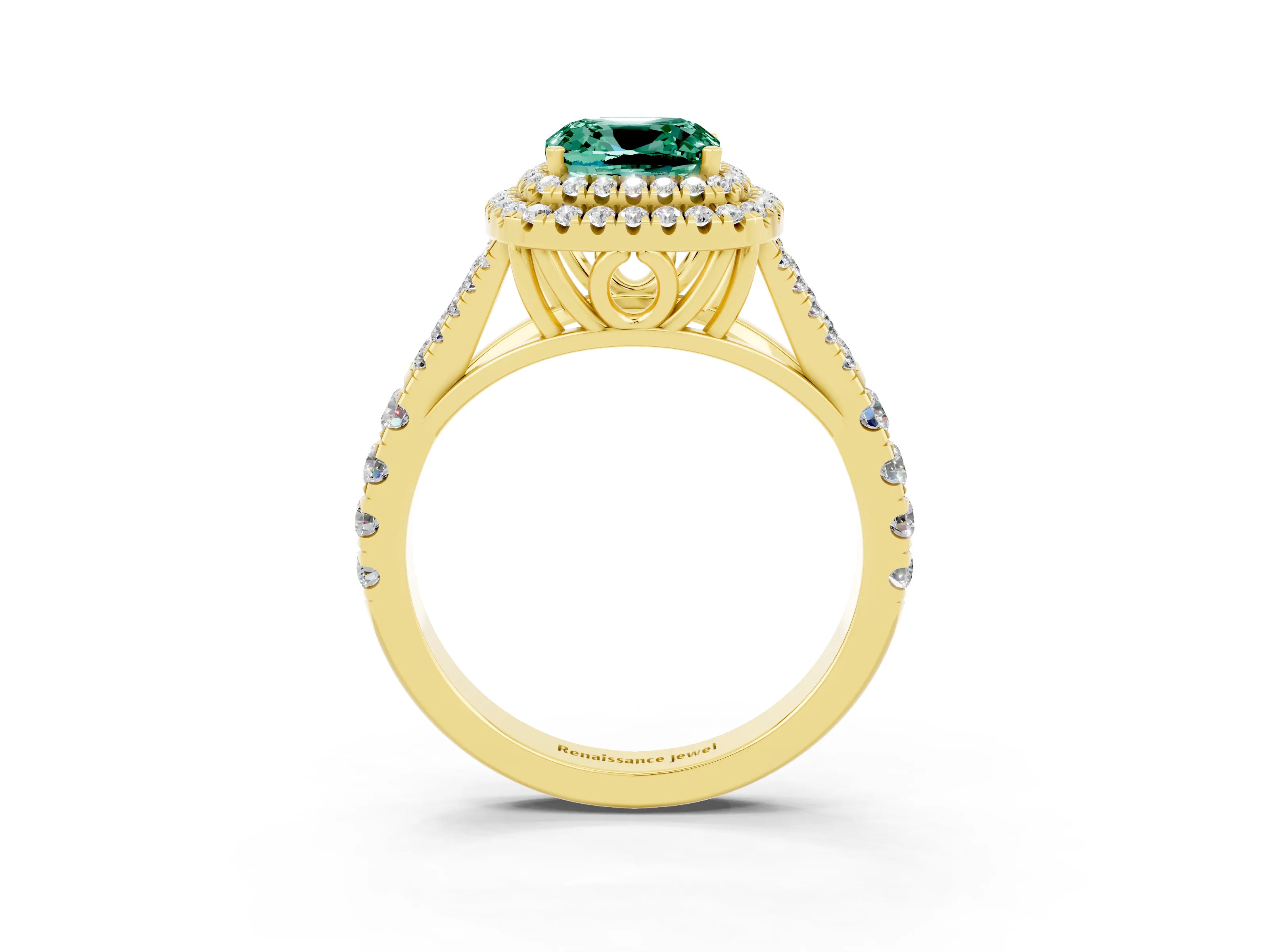 Yellow gold Cushion Cut Green Sapphire Pavé Split Shank Double Halo Engagement Ring_3