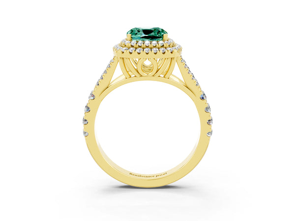 Yellow gold Cushion Cut Green Sapphire Pavé Split Shank Double Halo Engagement Ring