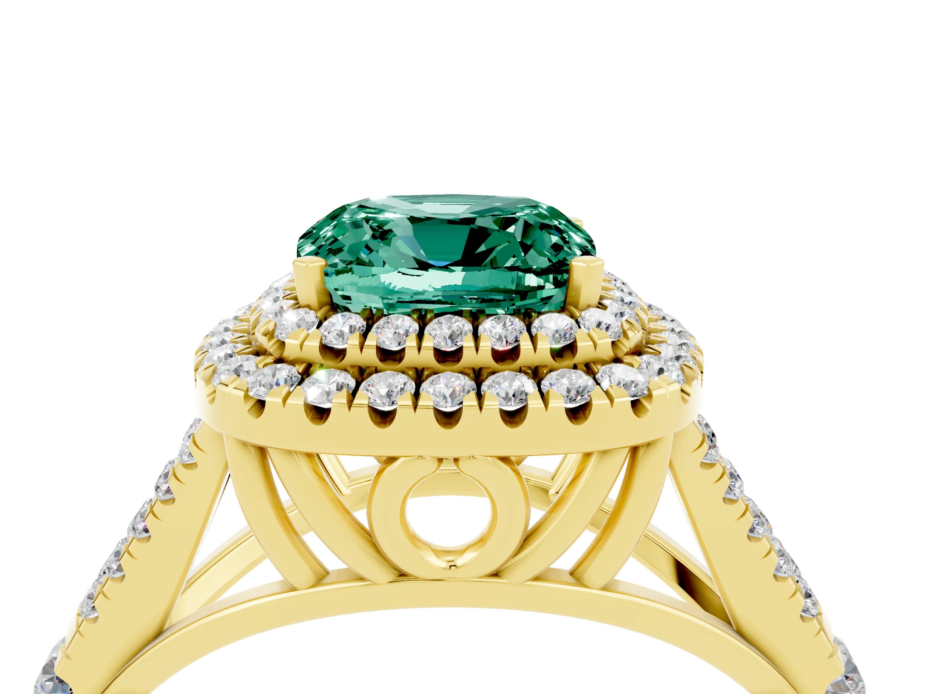Yellow gold Cushion Cut Green Sapphire Pavé Split Shank Double Halo Engagement Ring_4