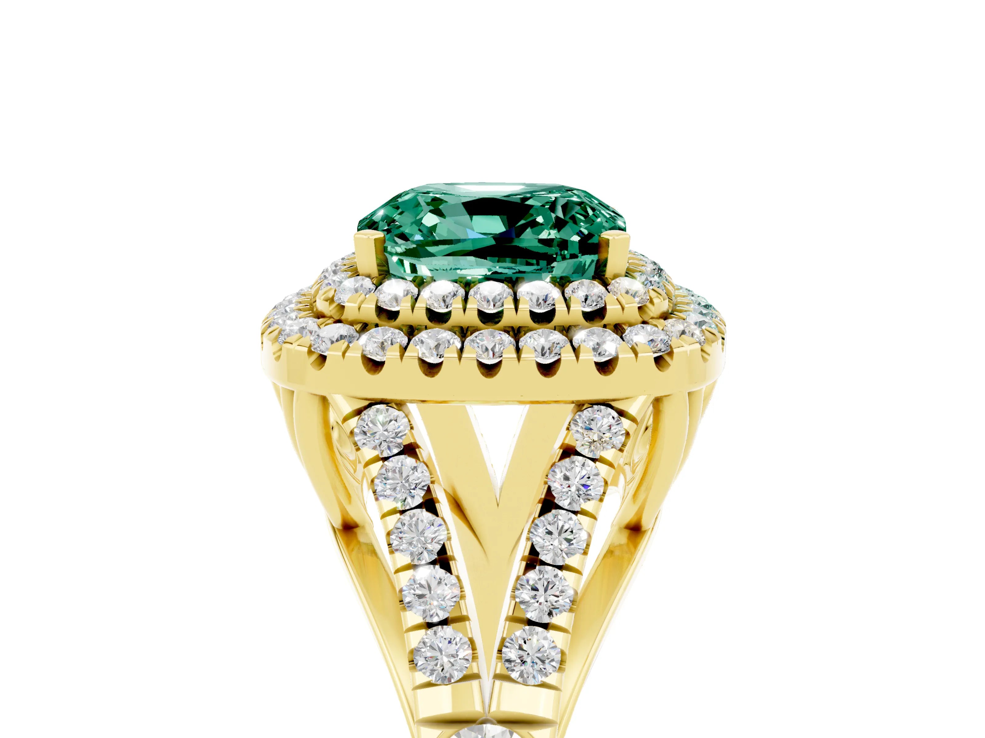 Yellow gold Cushion Cut Green Sapphire Pavé Split Shank Double Halo Engagement Ring_5