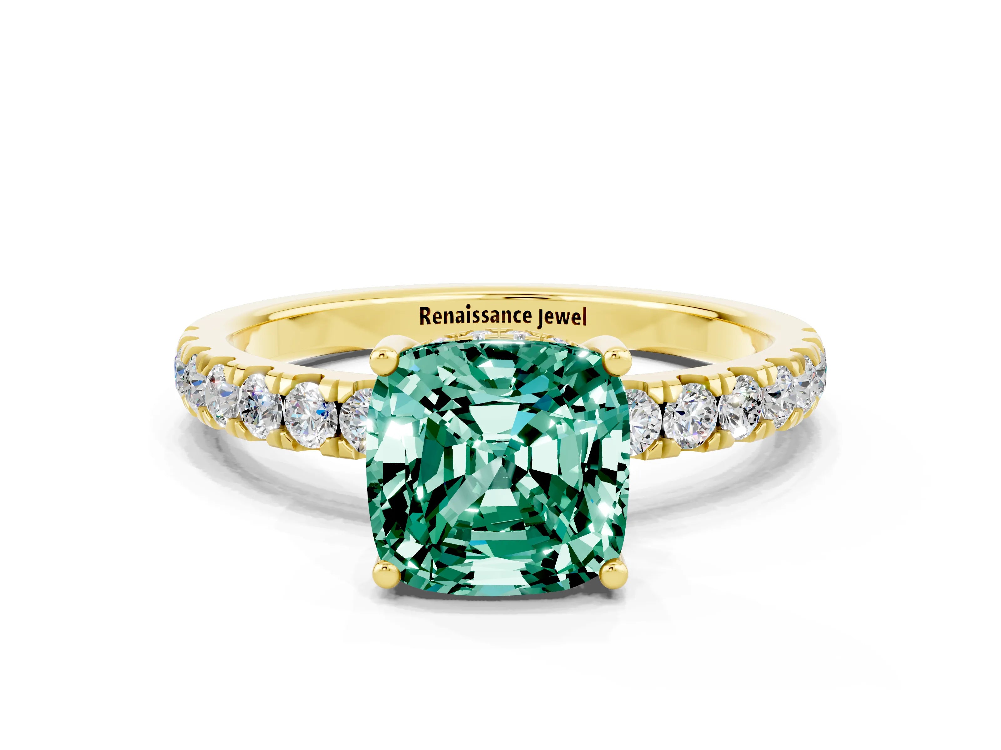 Yellow gold Cushion Cut Green Sapphire Pave Band Solitaire Ring with Four-Prong Setting_24