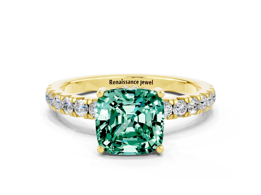Yellow gold Cushion Cut Green Sapphire Pave Band Solitaire Ring with Four-Prong Setting_24