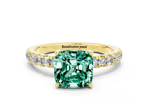 Yellow gold Cushion Cut Green Sapphire Pave Band Solitaire Ring with Four-Prong Setting_24