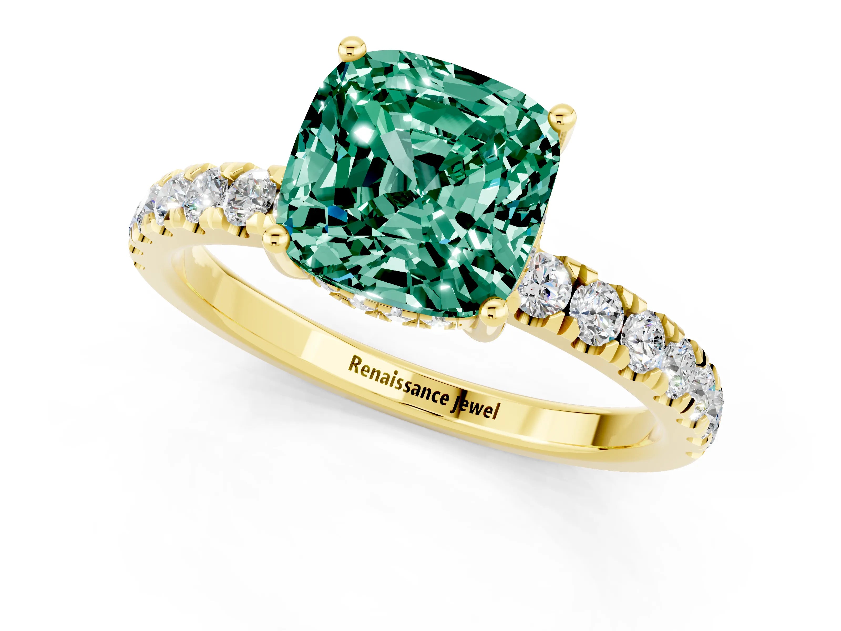 Yellow gold Cushion Cut Green Sapphire Pave Band Solitaire Ring with Four-Prong Setting_25