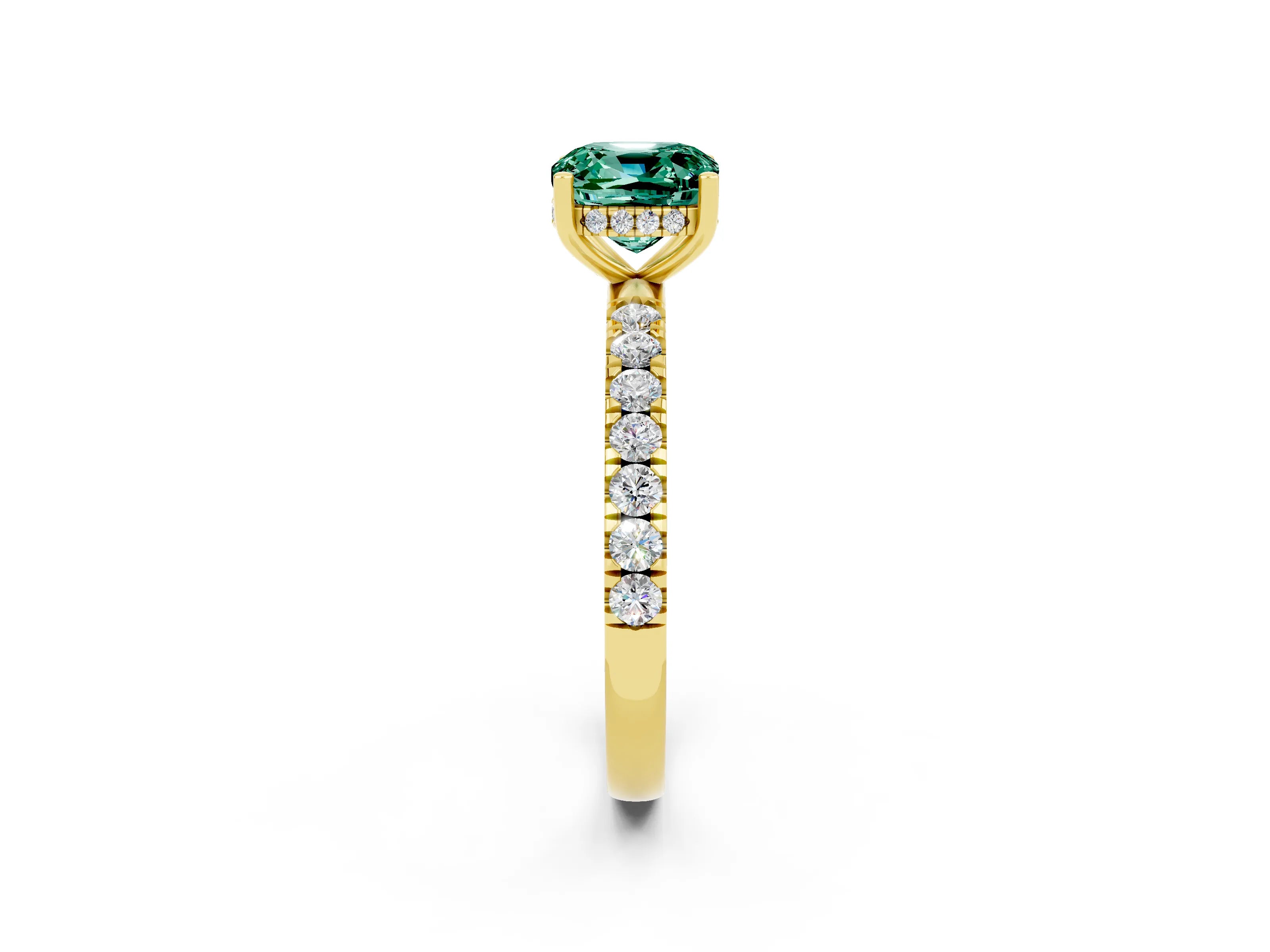 Yellow gold Cushion Cut Green Sapphire Pave Band Solitaire Ring with Four-Prong Setting_26
