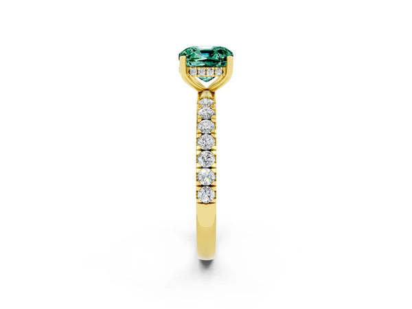 Yellow gold Cushion Cut Green Sapphire Pave Band Solitaire Ring with Round  and Prong Setting