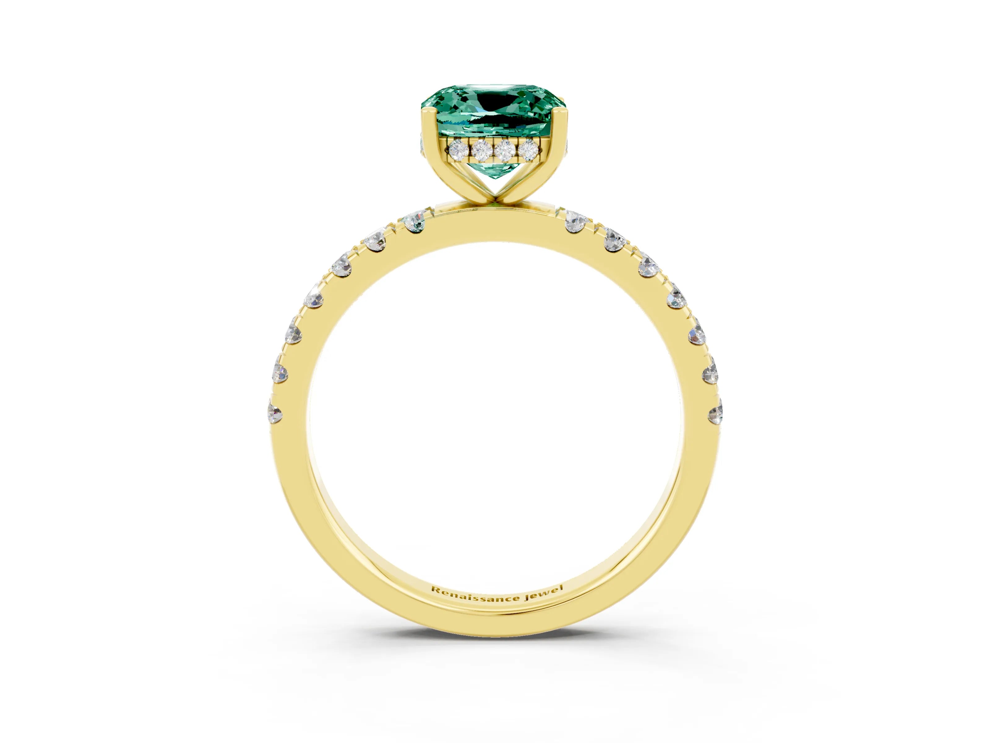 Yellow gold Cushion Cut Green Sapphire Pave Band Solitaire Ring with Four-Prong Setting_27