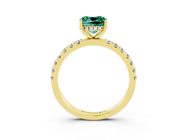 Yellow gold Cushion Cut Green Sapphire Pave Band Solitaire Ring with Round  and Prong Setting
