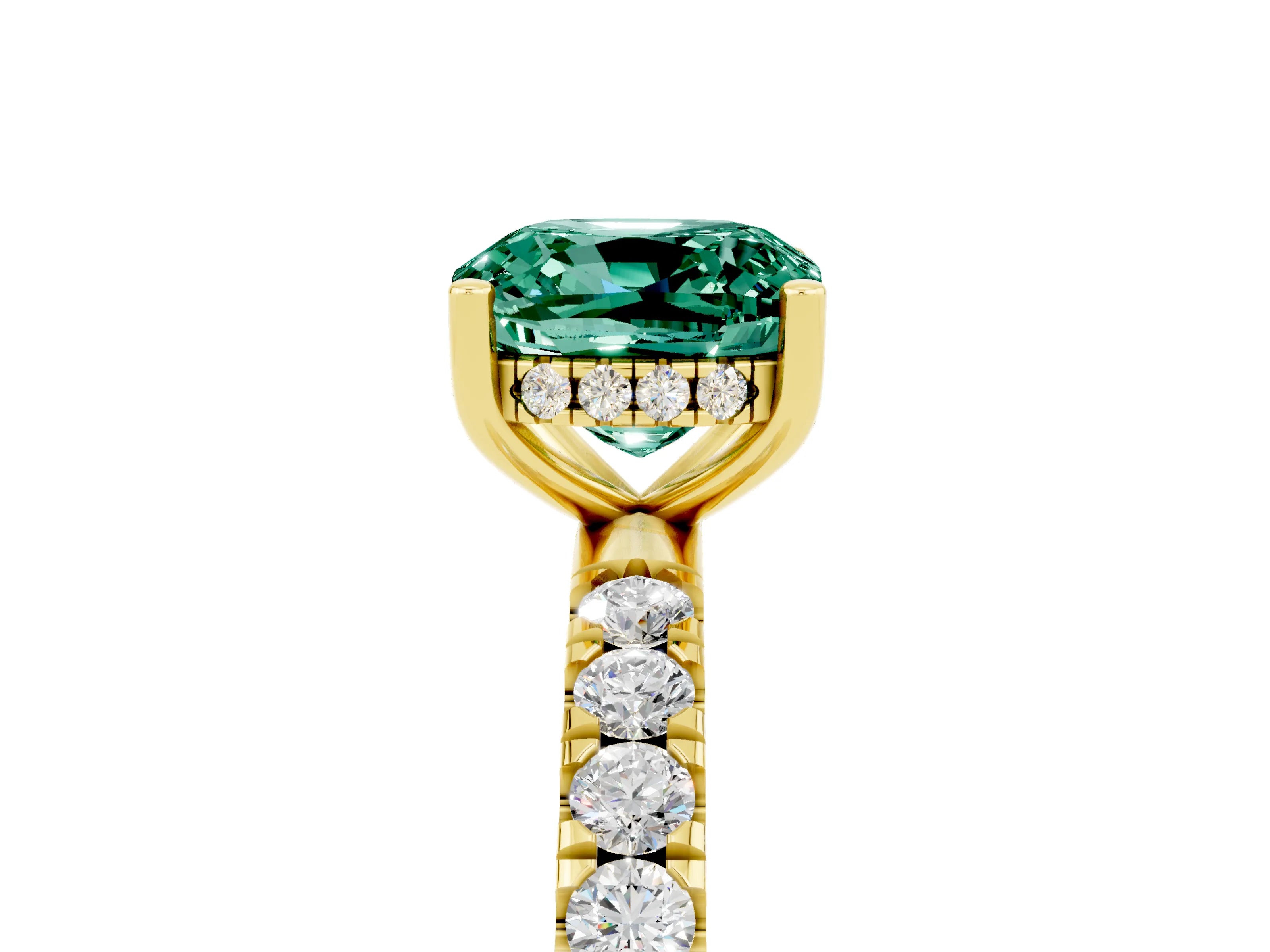Yellow gold Cushion Cut Green Sapphire Pave Band Solitaire Ring with Four-Prong Setting_29