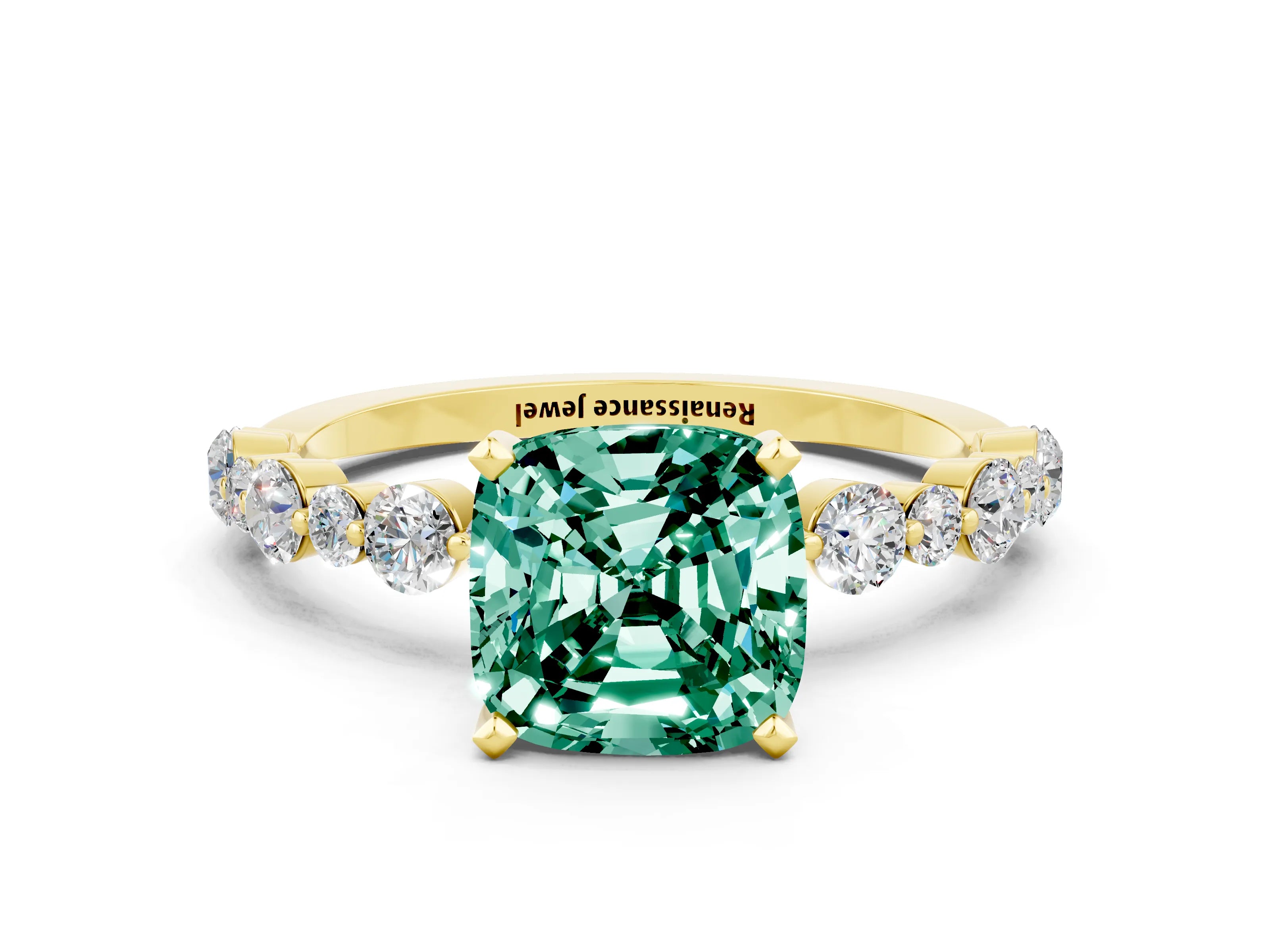 Yellow gold Cushion Cut Green Sapphire Prong Set Engagement Ring with Pavé Band