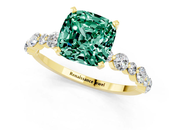 Yellow gold Cushion Cut Green Sapphire Prong Set Engagement Ring with Pavé Band