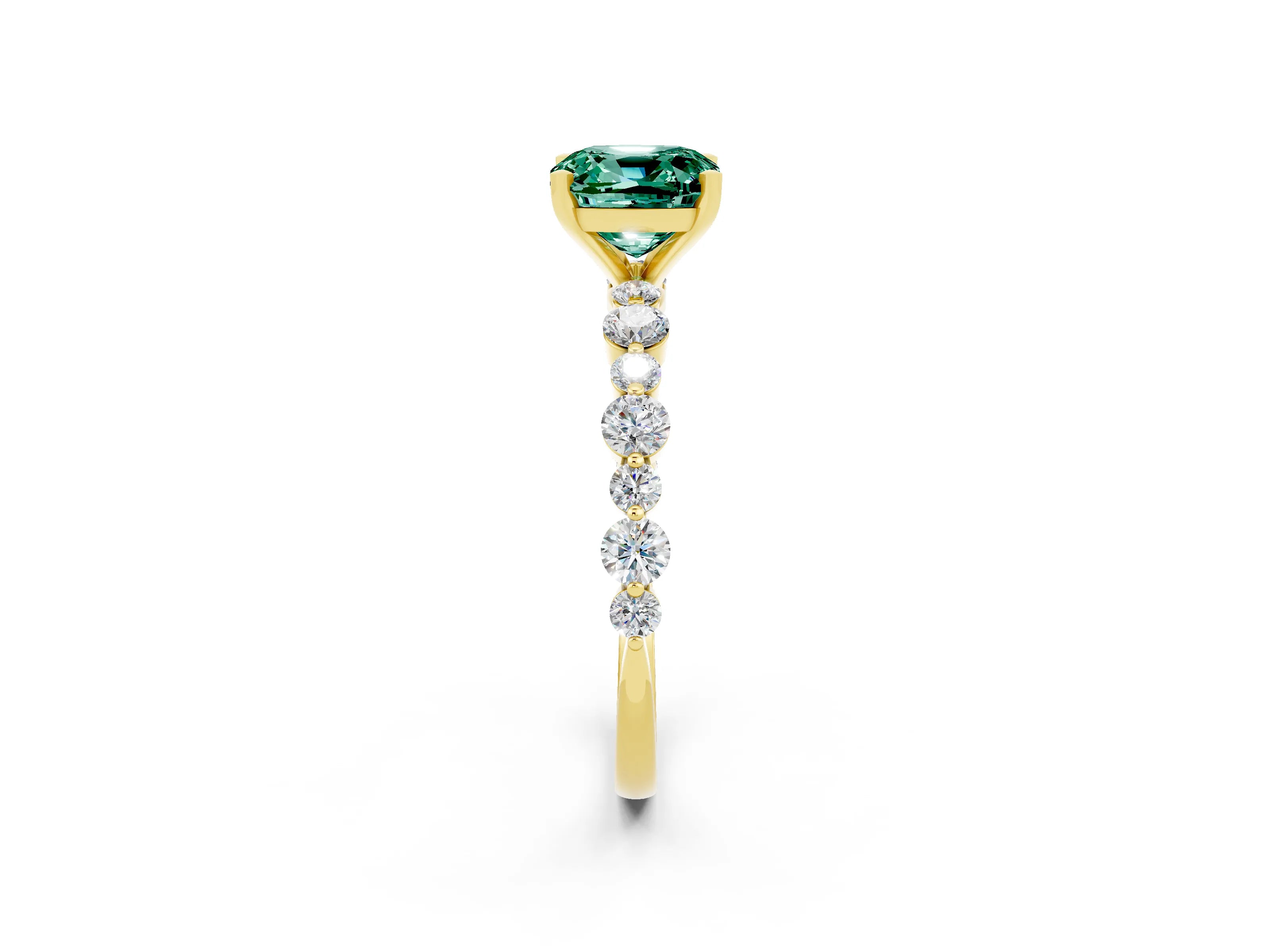 Yellow gold Cushion Cut Green Sapphire Prong Set Engagement Ring with Pavé Band_2