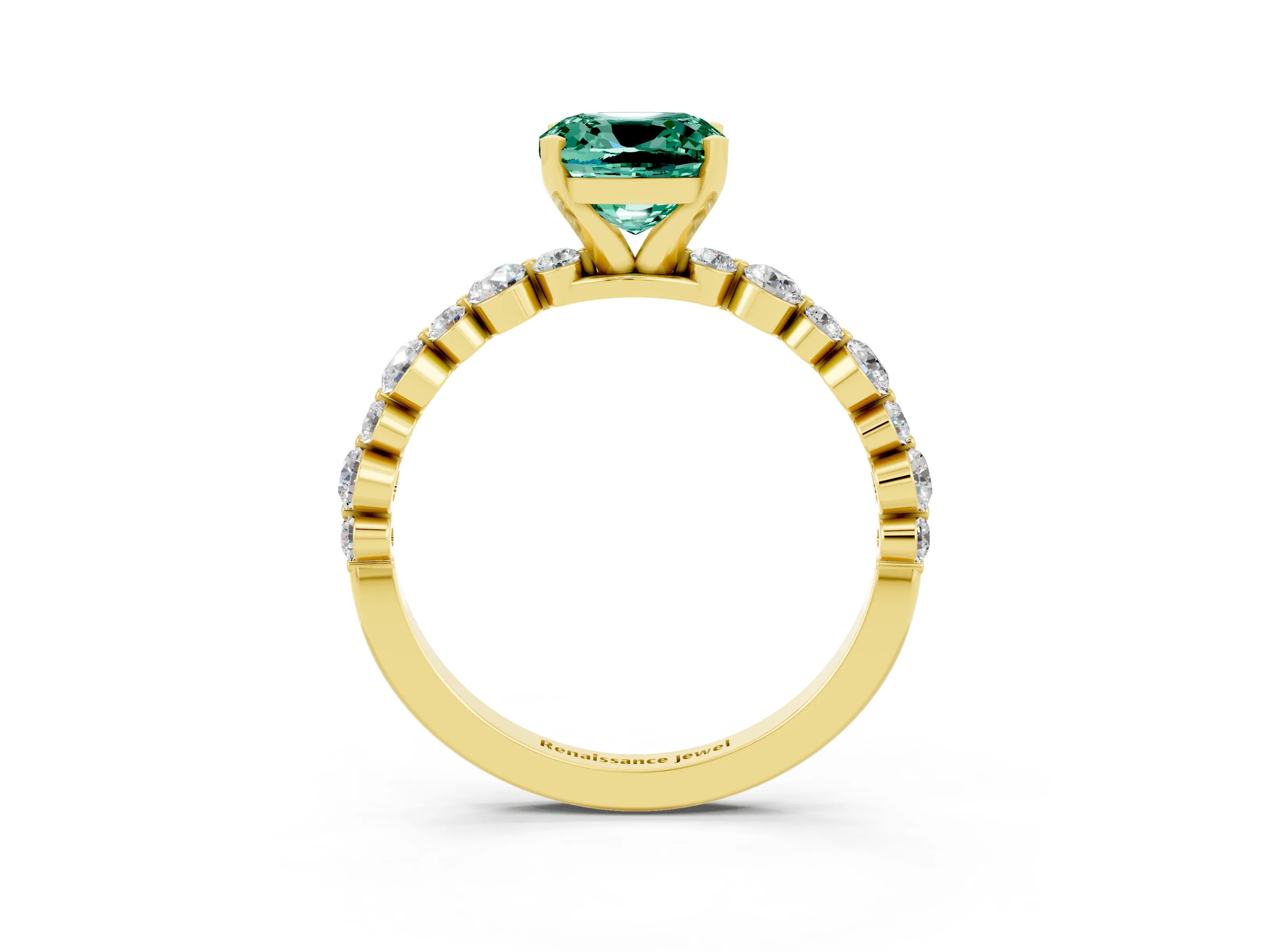 Yellow gold Cushion Cut Green Sapphire Prong Set Engagement Ring with Pavé Band_3
