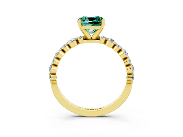 Yellow gold Cushion Cut Green Sapphire Prong Set Engagement Ring with Pavé Band