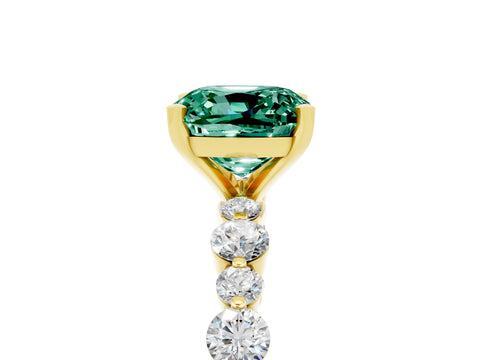 Yellow gold Cushion Cut Green Sapphire Prong Set Engagement Ring with Pavé Band_5