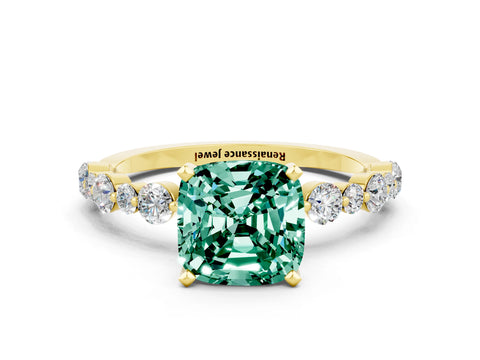 Yellow gold Cushion Cut Green Sapphire Prong Set Engagement Ring with Pavé Band