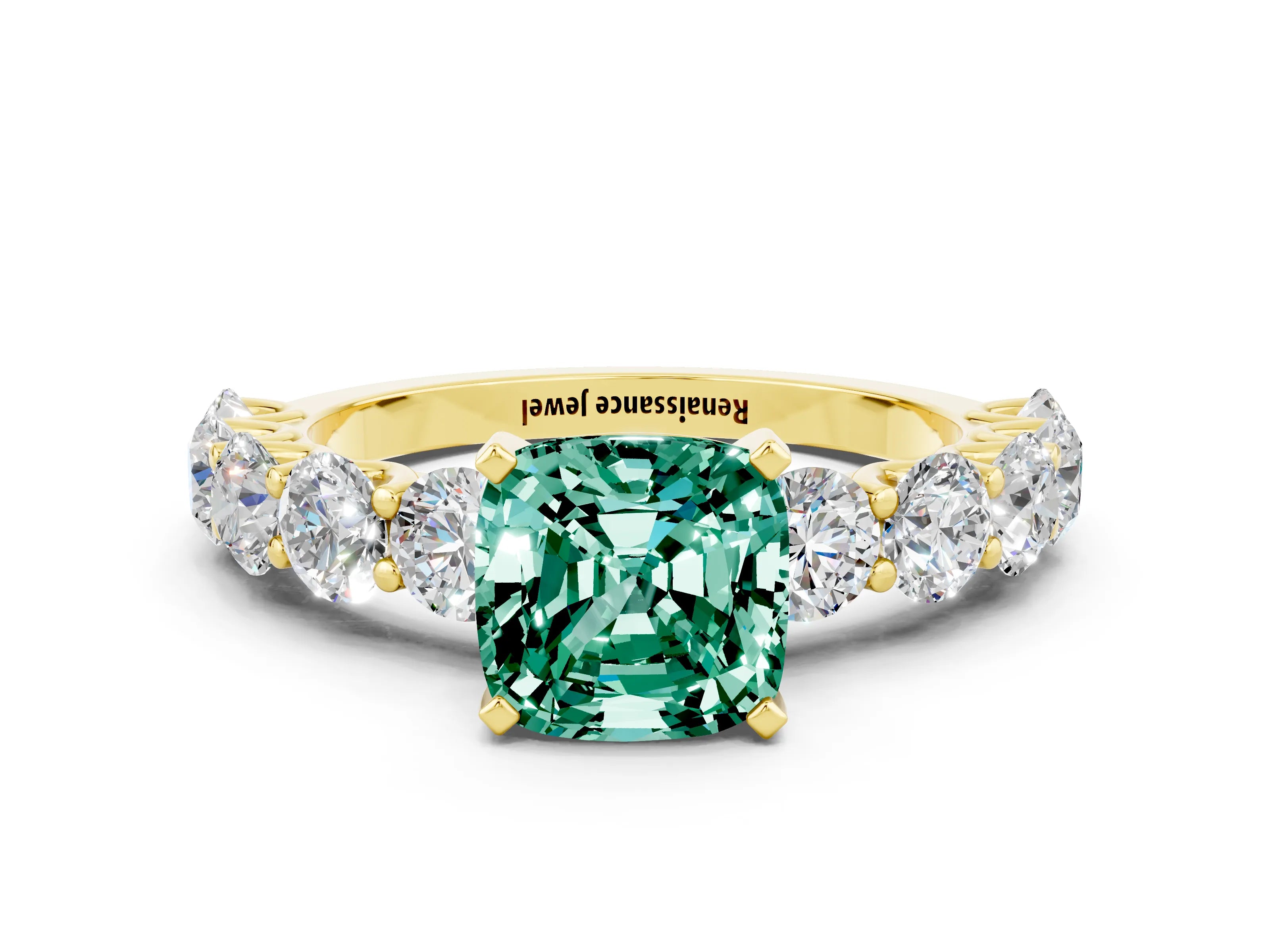 Yellow gold Cushion Cut Green Sapphire Prong Setting with Side Stones on a Pave Band