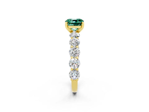 Yellow gold Cushion Cut Green Sapphire Prong Setting with Side Stones on a Pave Band_2