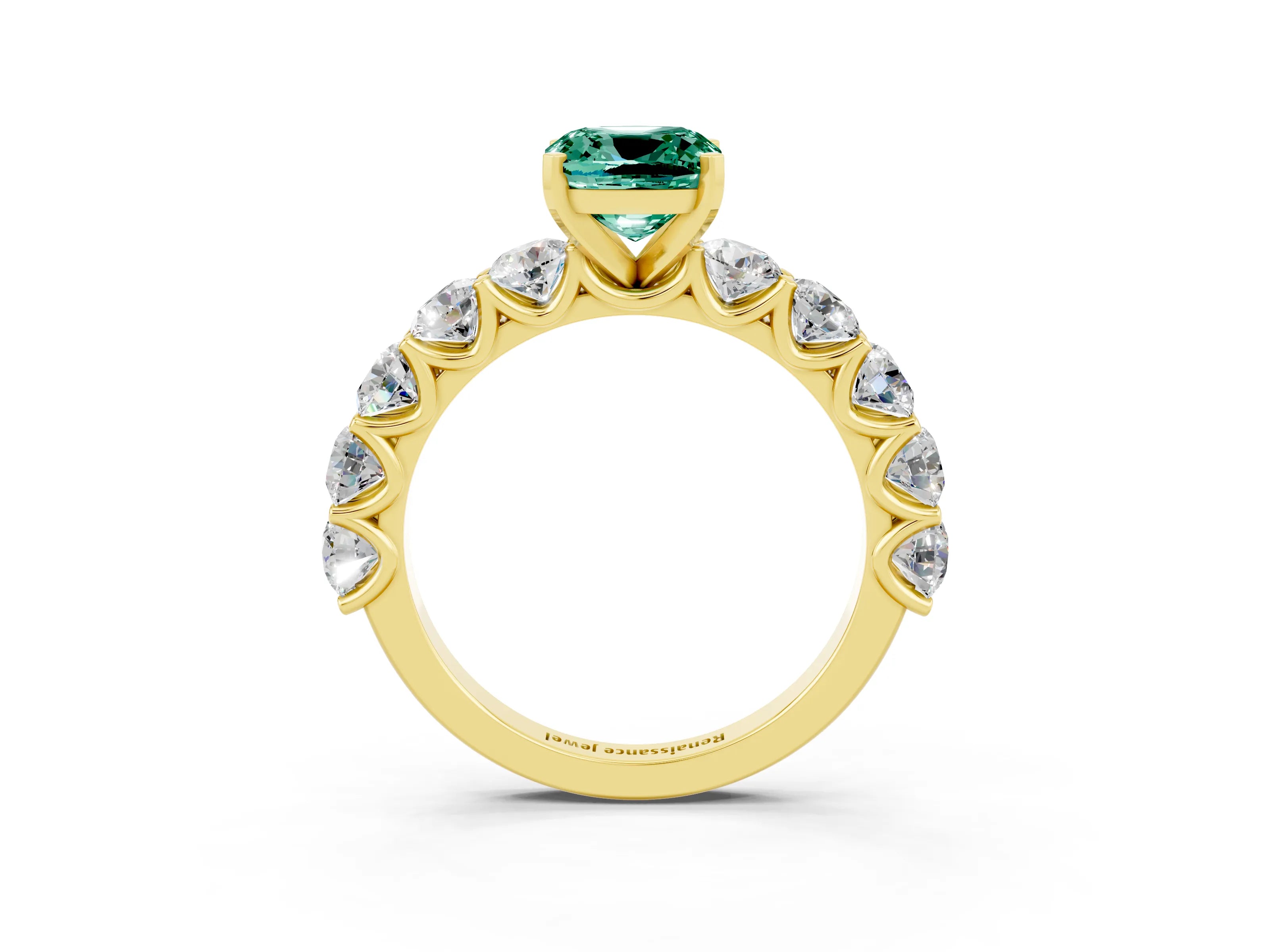 Yellow gold Cushion Cut Green Sapphire Prong Setting with Side Stones on a Pave Band_3