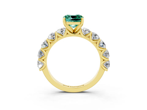 Yellow gold Cushion Cut Green Sapphire Prong Setting with Side Stones on a Pave Band_3