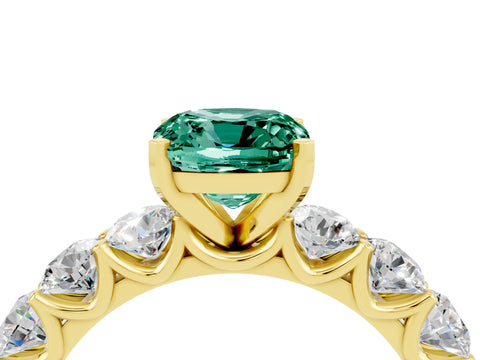 Yellow gold Cushion Cut Green Sapphire Prong Setting with Side Stones on a Pave Band_4