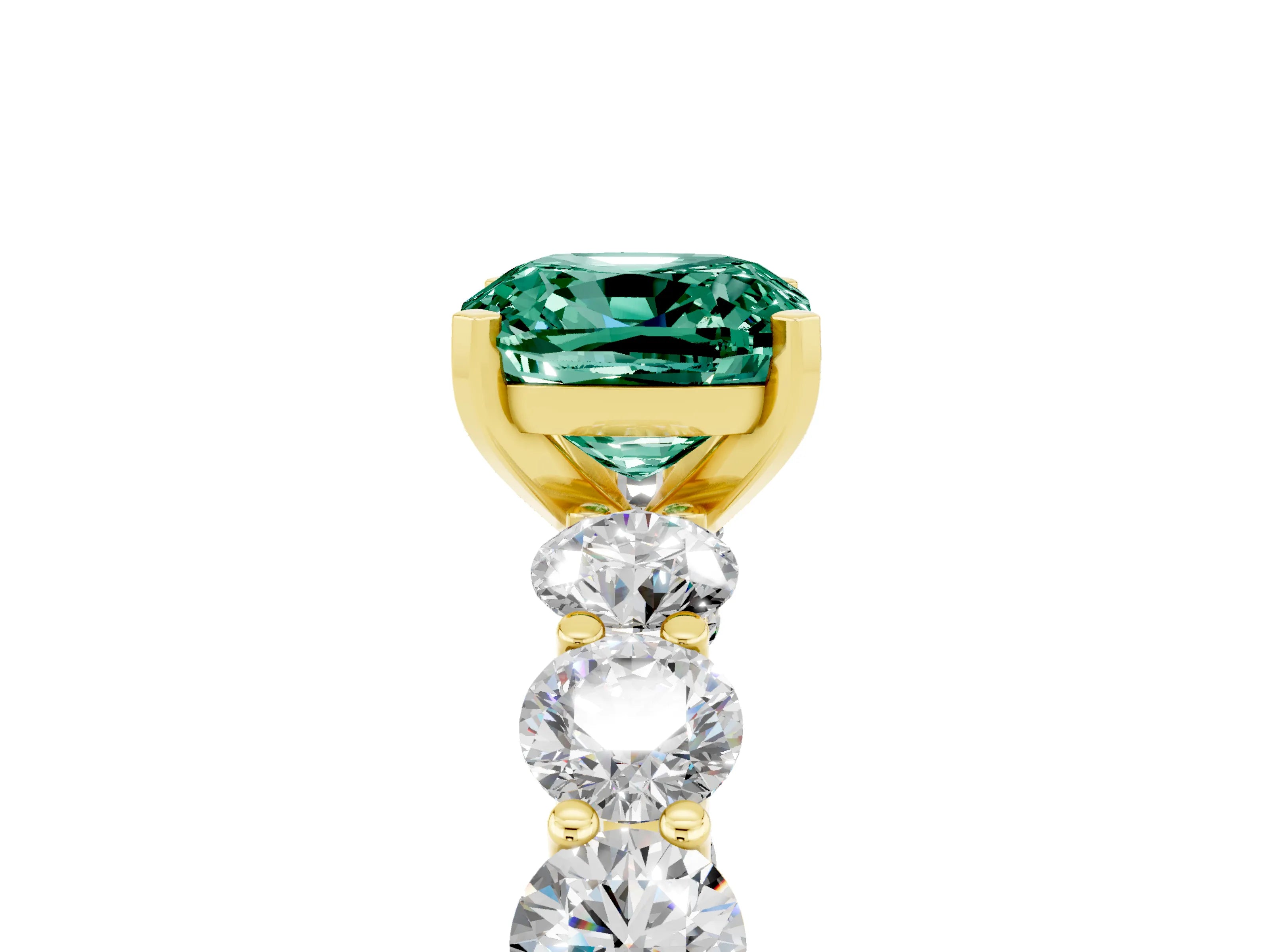 Yellow gold Cushion Cut Green Sapphire Prong Setting with Side Stones on a Pave Band_5