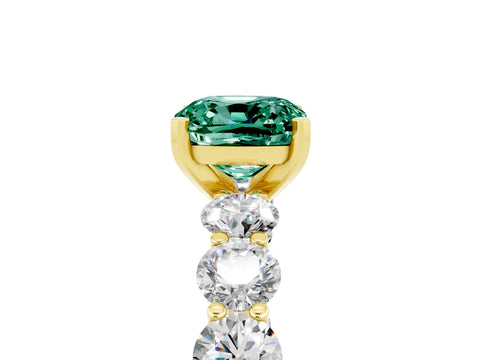 Yellow gold Cushion Cut Green Sapphire Prong Setting with Side Stones on a Pave Band_5