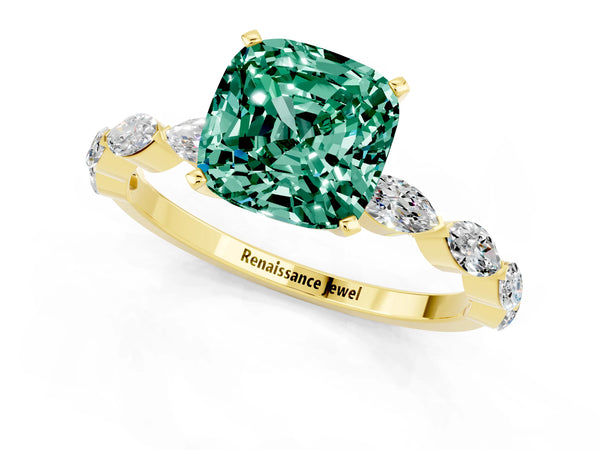Yellow gold Cushion Cut Green Sapphire Ring with Marquise Side Stones and Prong Setting