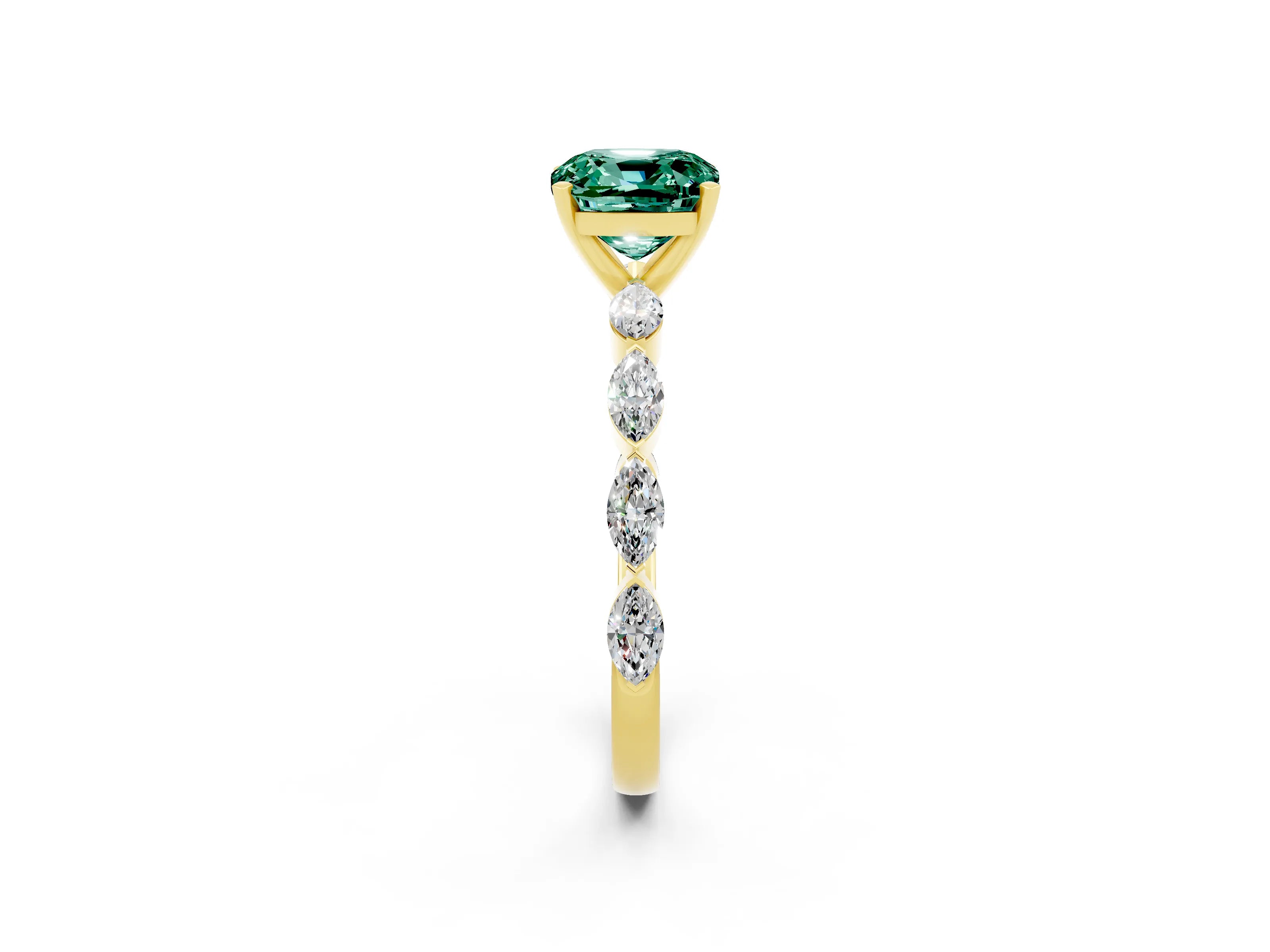 Yellow gold Cushion Cut Green Sapphire Ring with Marquise Side Stones and Prong Setting_2
