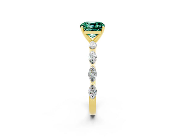 Yellow gold Cushion Cut Green Sapphire Ring with Marquise Side Stones and Prong Setting