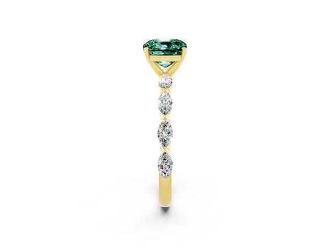 Yellow gold Cushion Cut Green Sapphire Ring with Marquise Side Stones and Prong Setting_2