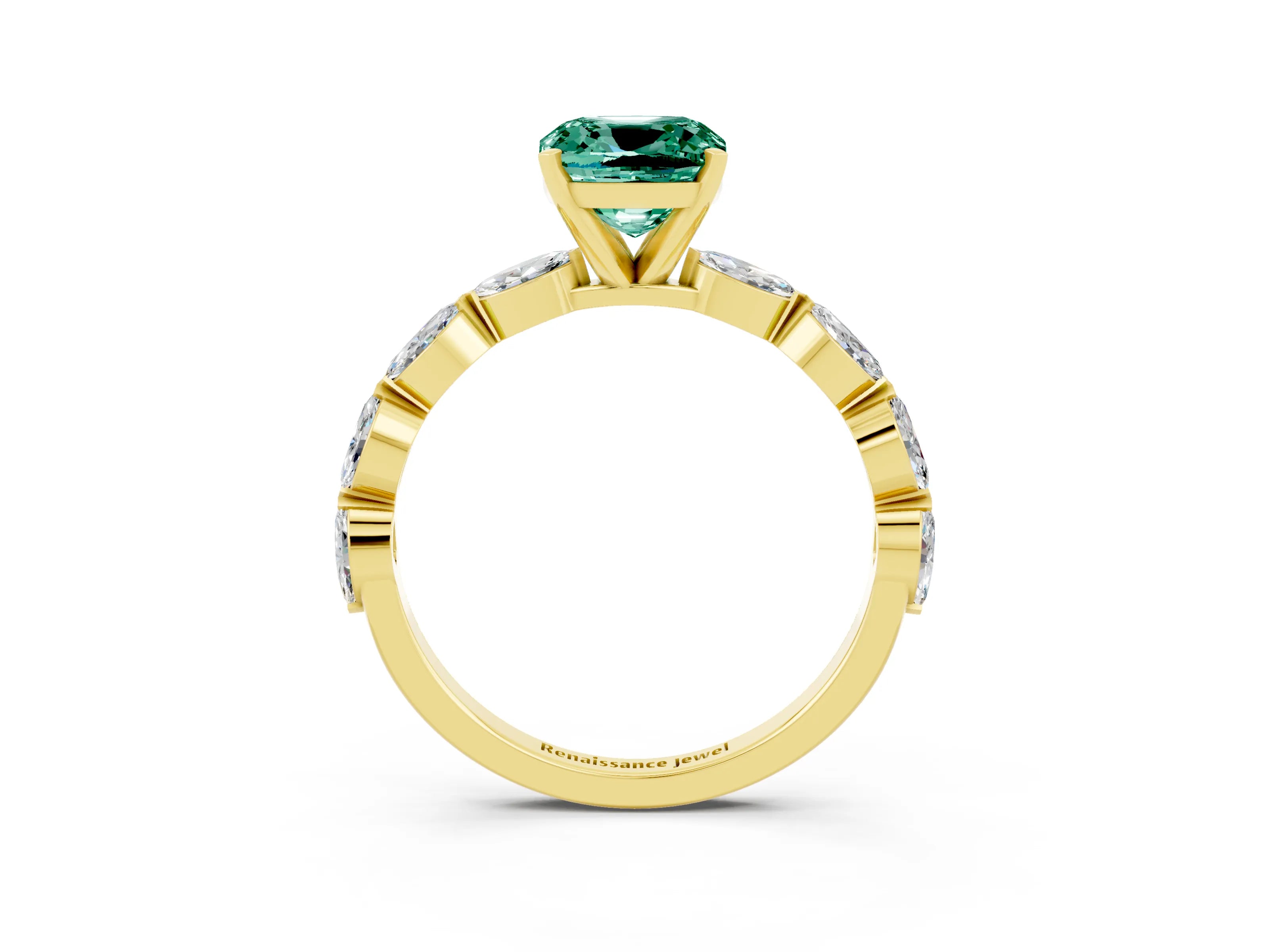 Yellow gold Cushion Cut Green Sapphire Ring with Marquise Side Stones and Prong Setting_3