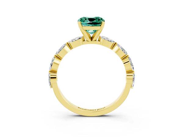 Yellow gold Cushion Cut Green Sapphire Ring with Marquise Side Stones and Prong Setting